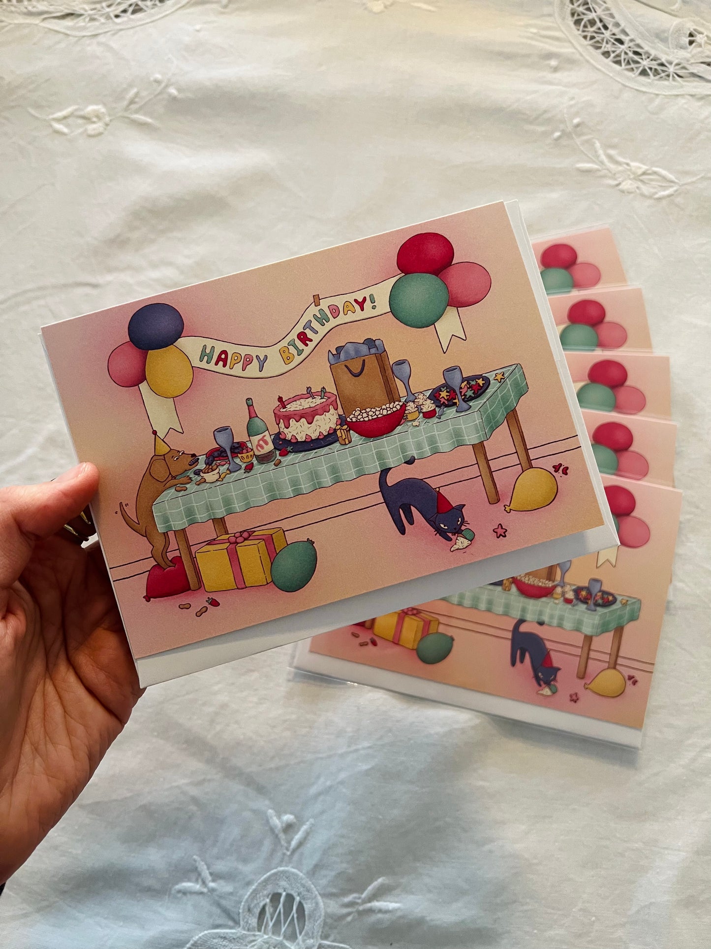 "Birthday Party" Cat and Dog Birthday Card