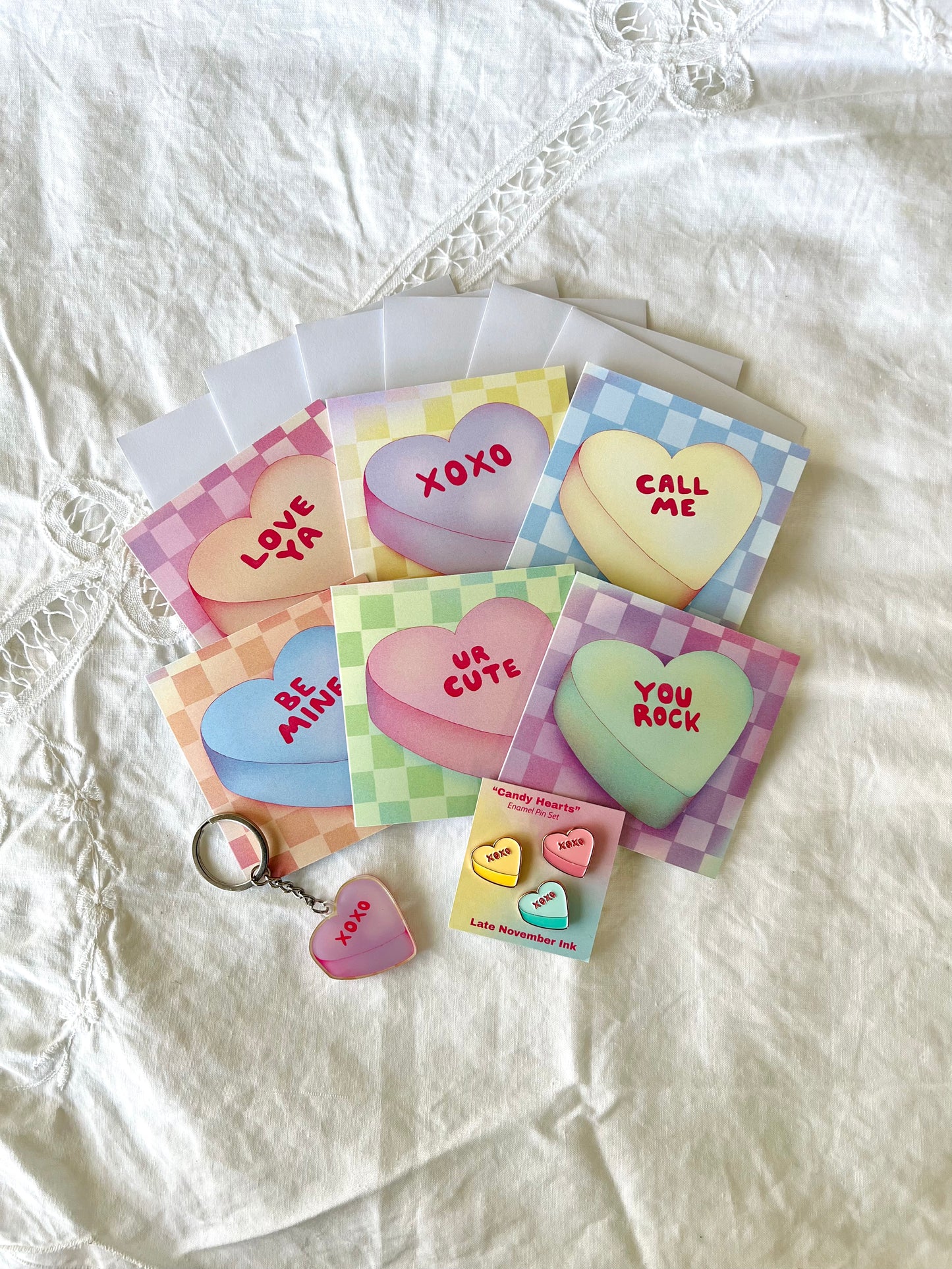 "Candy Hearts" Valentines Collection 6 Pack Mini Cards, 3 Pin Set and Keychain